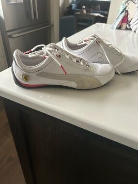Ferrari White and Beige Low-Profile Athletic Sneakers with Red Accents